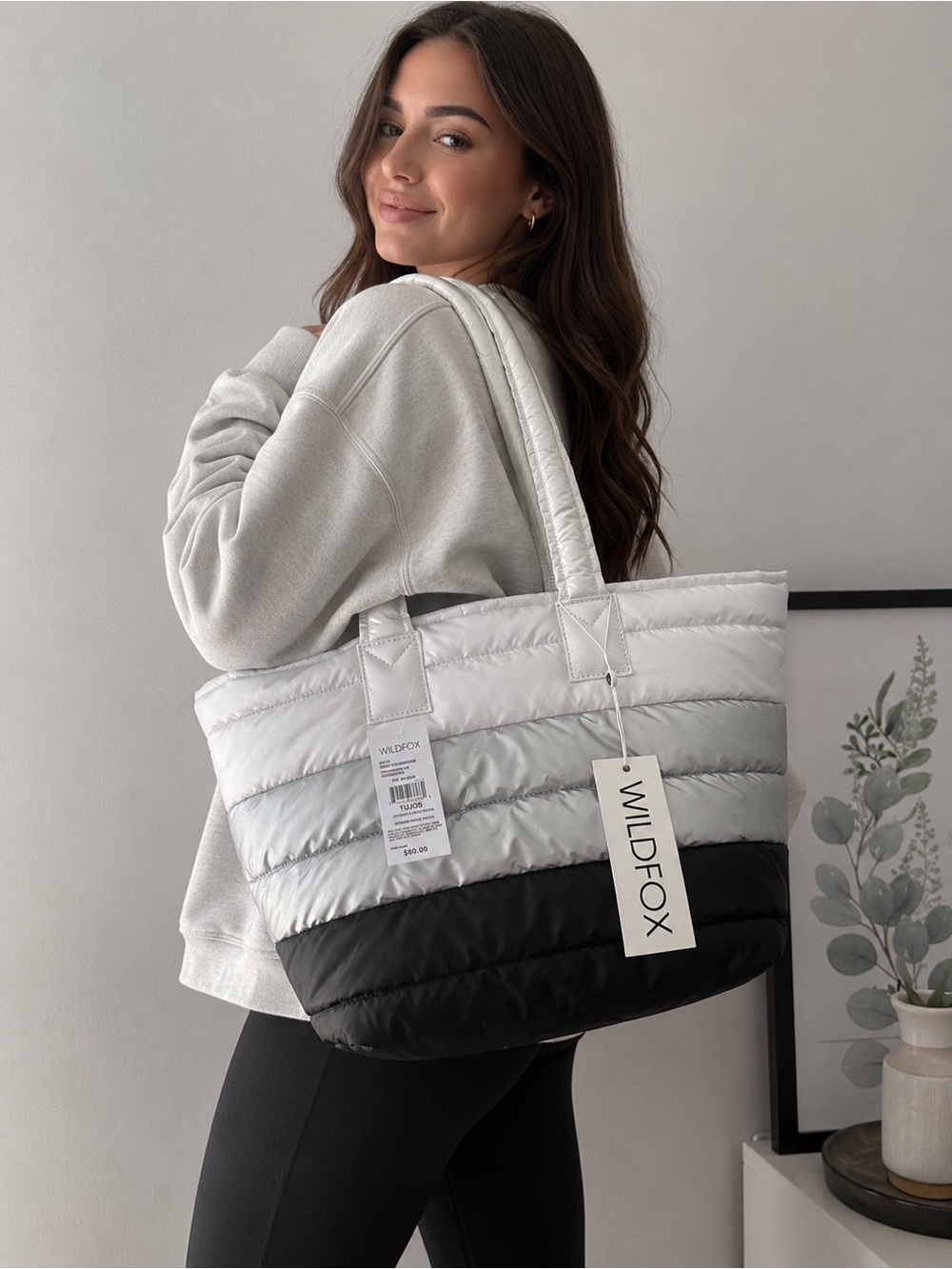 WILDFOX Two-Tone Large Quilted Puffer Zip Tote in White, Black & Silver